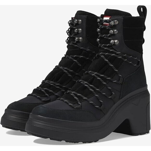 Hunter Womens Discoverer Mid Lace-Up Leather Heel Boot Black Size 8 - Picture 1 of 8